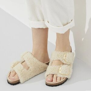 NEW Birkenstock Arizona Big Buckle Shearling Logo Eggshell EU 40